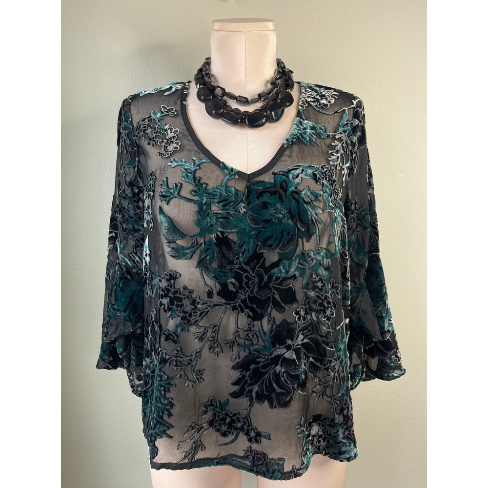 W5 Burnout Velvet Blouse Teal Black Floral V-Neck Bell Sleeve Top 11696 Medium